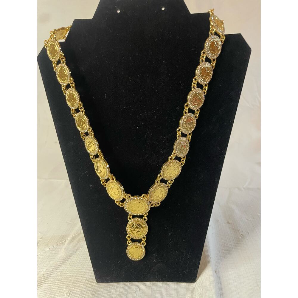 Gold Metal Coin Rhinestone Middle Eastern Style Necklace EUC